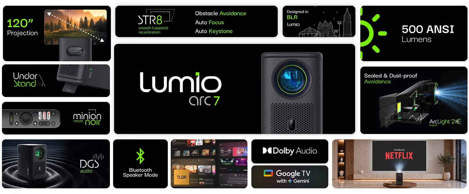 Lumio Arc 7 2026 feature overview: 120-inch projection, 500 ANSI lumens, sealed Arc Light Engine 2, STR8 auto focus and keystone, Google TV, Dolby Audio