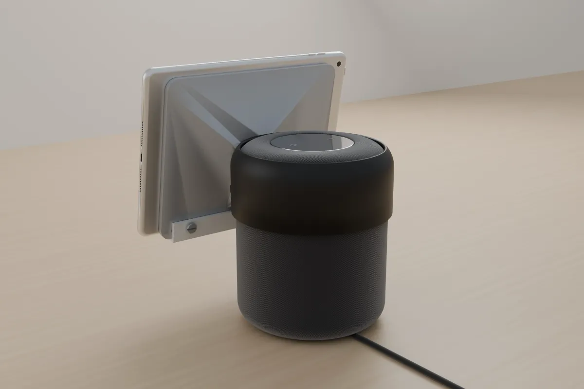 Back view of the stand showing the black collar on the HomePod and the silver holder behind the iPad