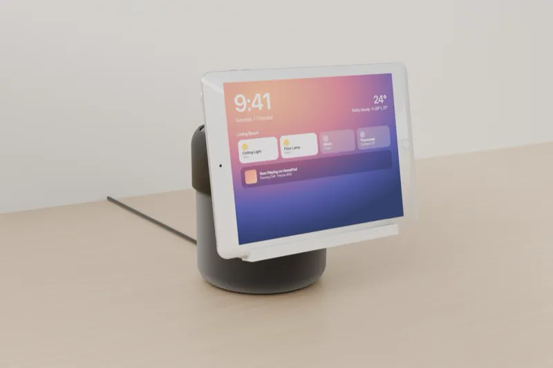 iPad Air 2 hanging in front of a HomePod on a 3D printed stand