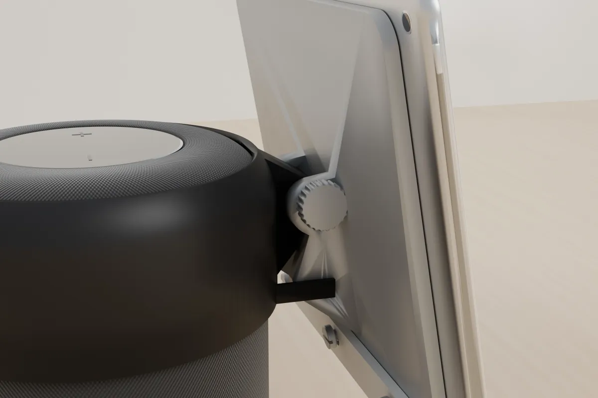 Close up of the printed thumb knob bolt at the hinge between the collar arm and the iPad holder