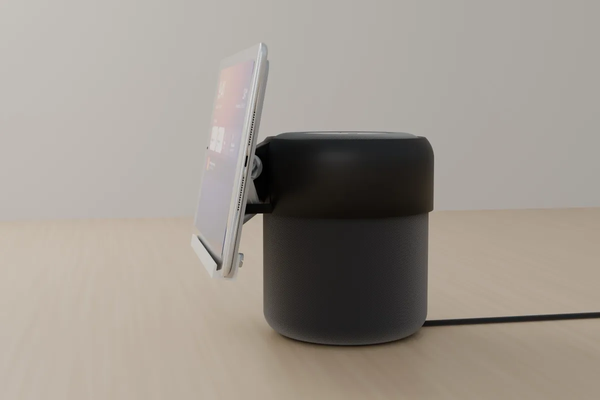 Side view of the stand showing the collar, the arm and the iPad hanging in front of the HomePod