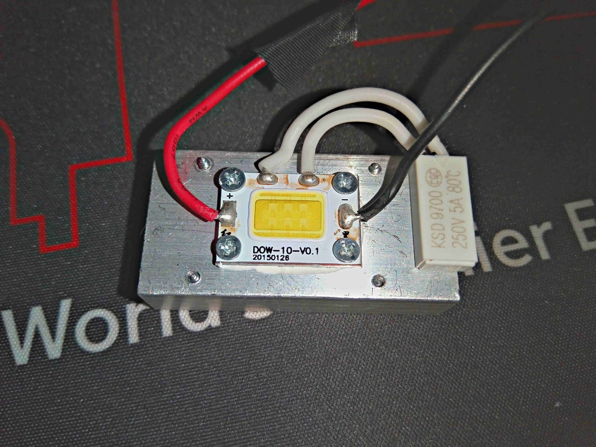 LED chip on heatsink with thermal cutoff switch, removed from projector