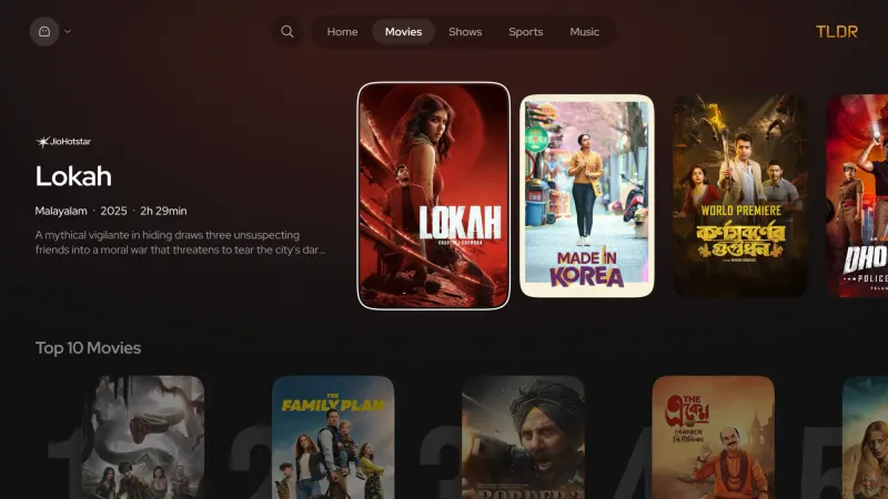 Movies: featured titles with language, year and runtime