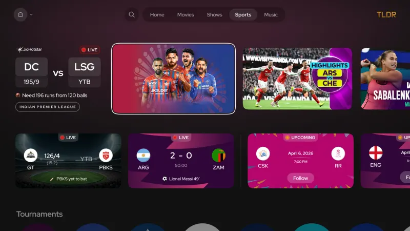 Lumio TLDR sports screen with live scores