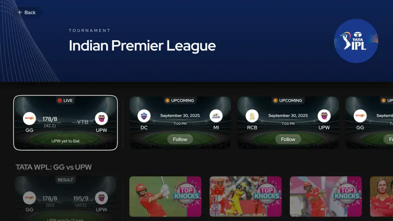 Tournament page: live, upcoming and followed matches